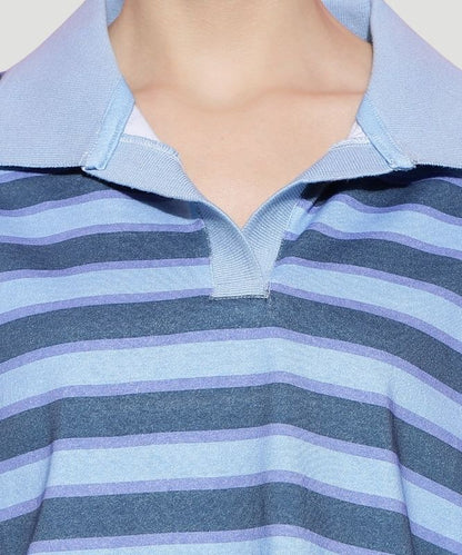 Women's Blue Striped Half Sleeves Loose Fit Top